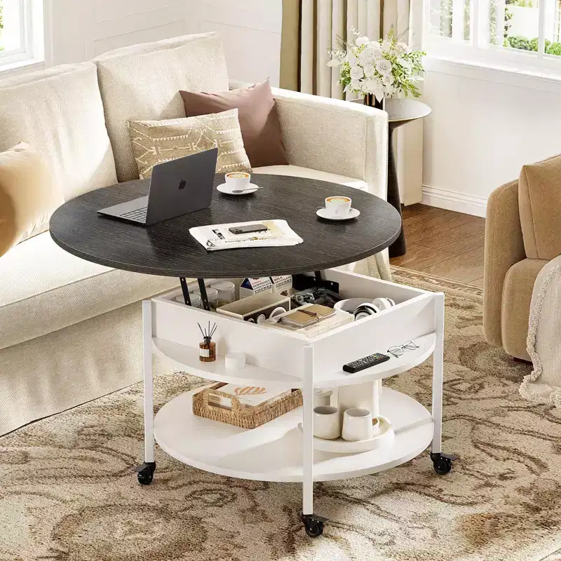 Hausource Lift Top Rolling Coffee Table in WhiteHidden Compartment,Storage Shelve,Wheels