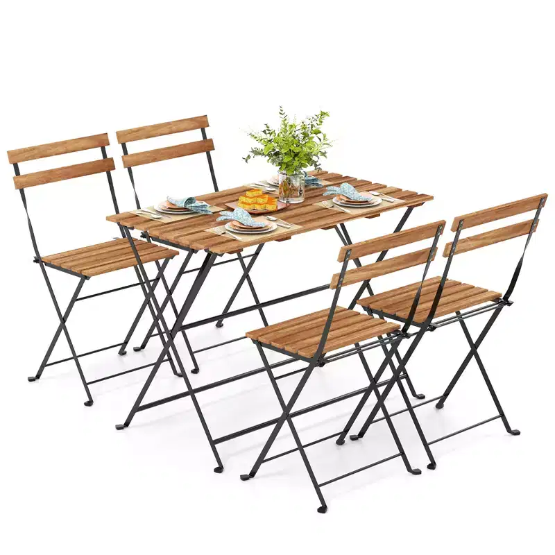 Costway 5 PCS Patio Acacia Wood Dining Set w/ 4 Folding Chairs Slatted Seat & Tabletop