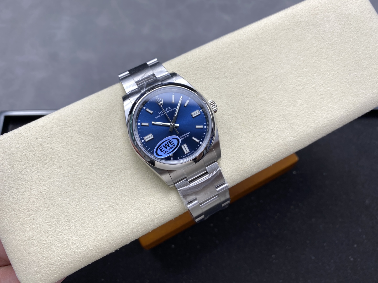1:1 clone watch on display case - blue dial oyster perpetual