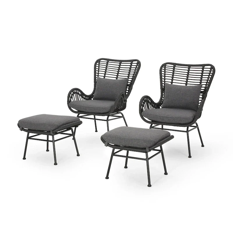 Outdoor Wicker Chat Set with Ottomans – Modern Boho Style, Gray/Light Brown, All-Weather