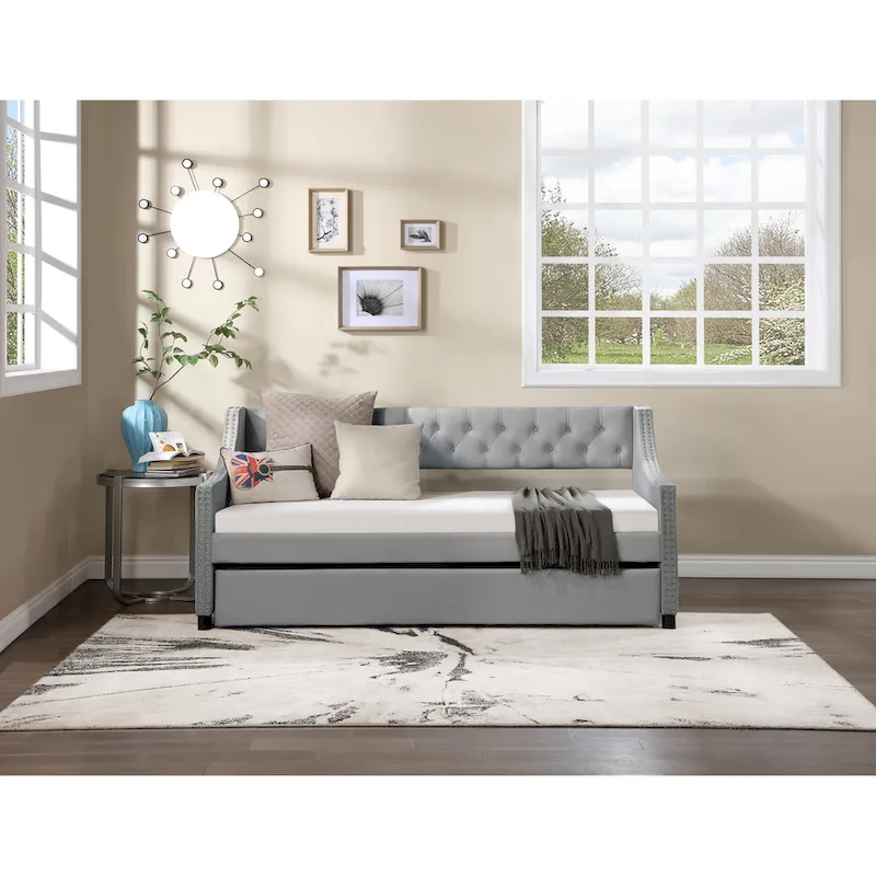 Upholstered Velvet Tufting Sleeper Sofa Chesterfield Daybed with Trundle
