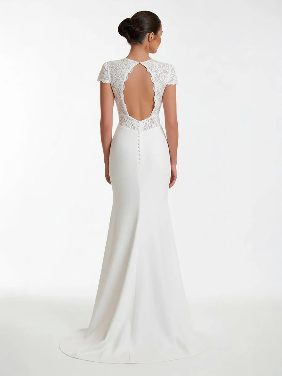 Modest Simple Sheath Short Sleeve Empire Floor-Length Sweep Train Chiffon V-neck Wedding Dress
