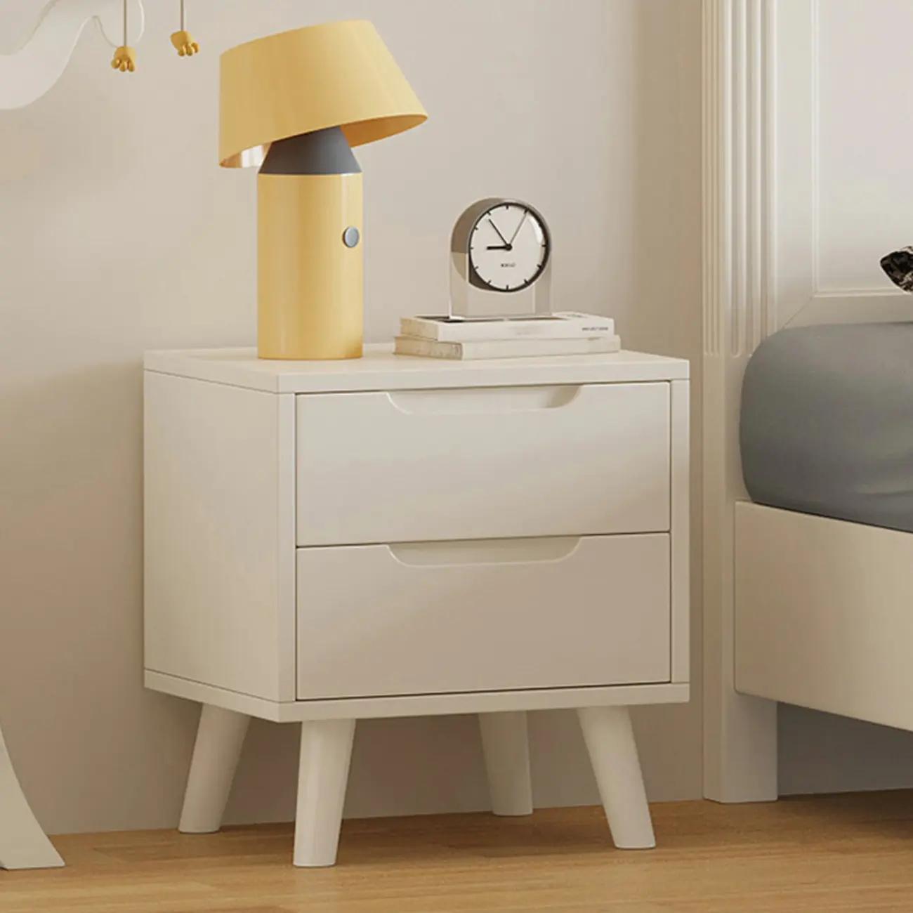 White Rubberwood 2 Drawers Narrow Nightstand with Legs