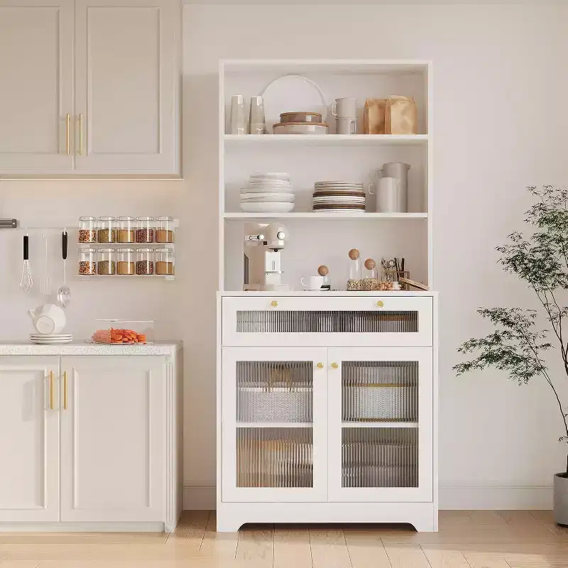 Acekool Kitchen Pantry Cabinet with Glass Doors, 3-Tier Open Shelf & Drawer, Adjustable Shelves, Coffee Bar Table for Kitchen & Dining Room, White