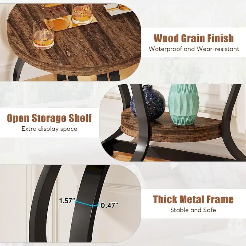 Half-Round End Table, 2-tier Wooden Half Moon Side Table Small Semi Circle Accent Table