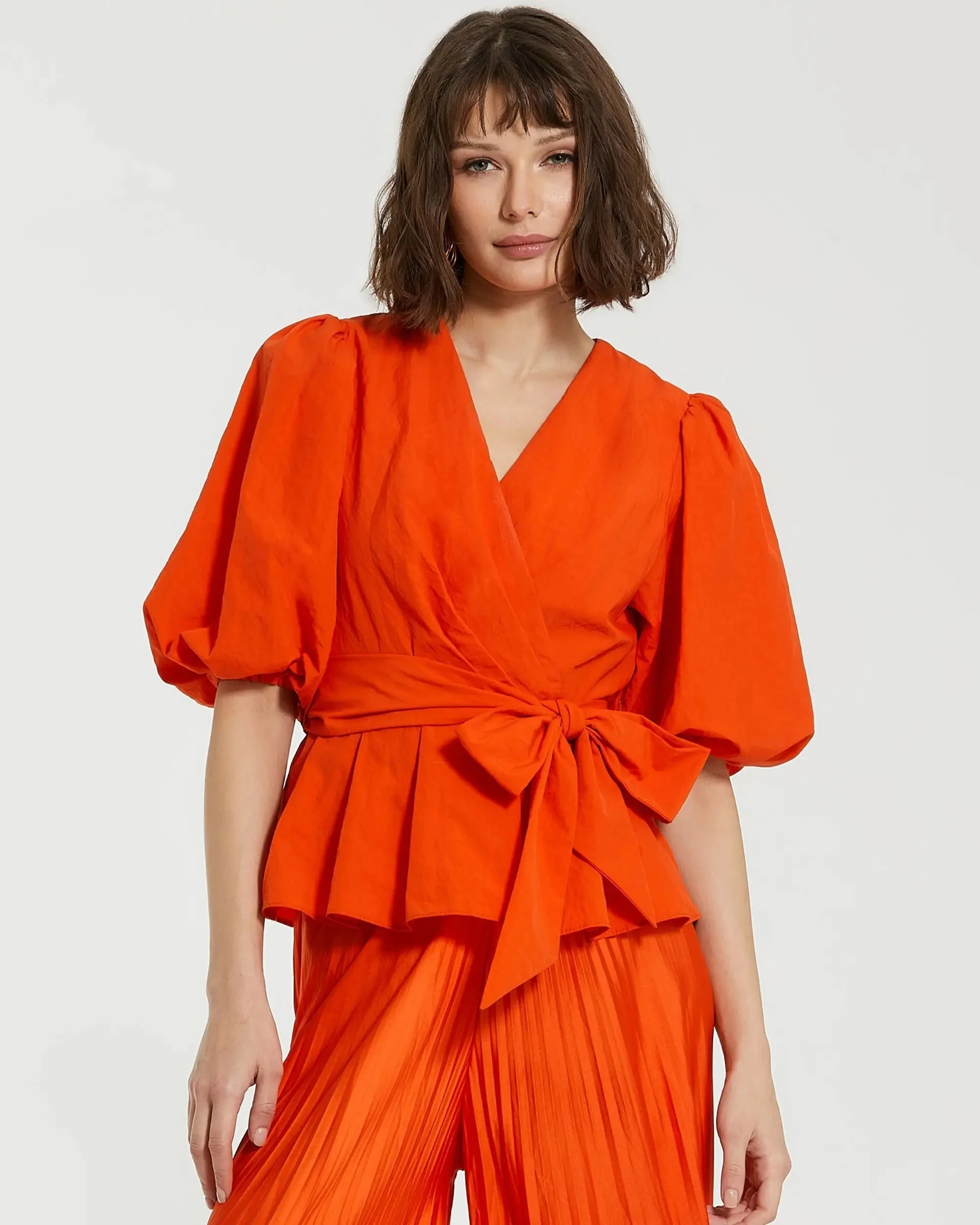 Orange Faille Wrap Over Balloon Sleeve Blouse