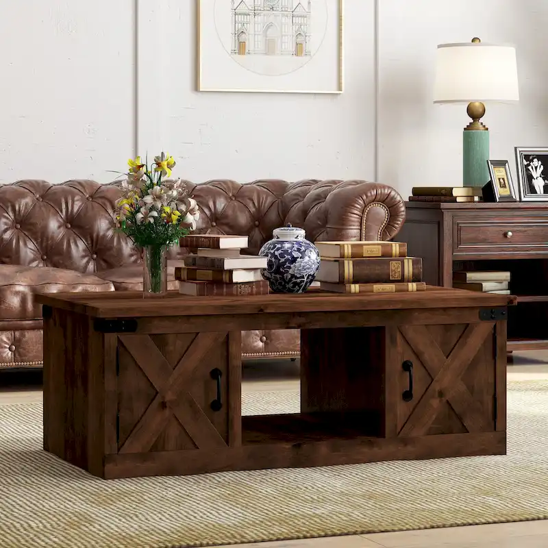 Farmhouse 48 Inch Coffee Table, No Assembly Required, Aged Whiskey Finish