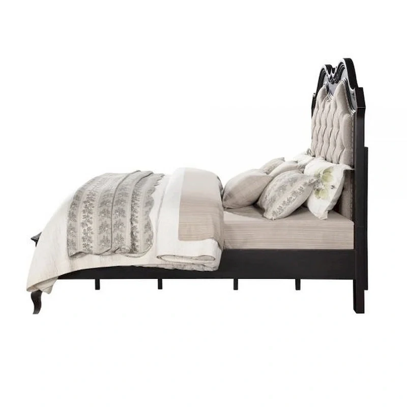 King Size Bed with Button Tufted Headboard Beige Upholstery Black Frame