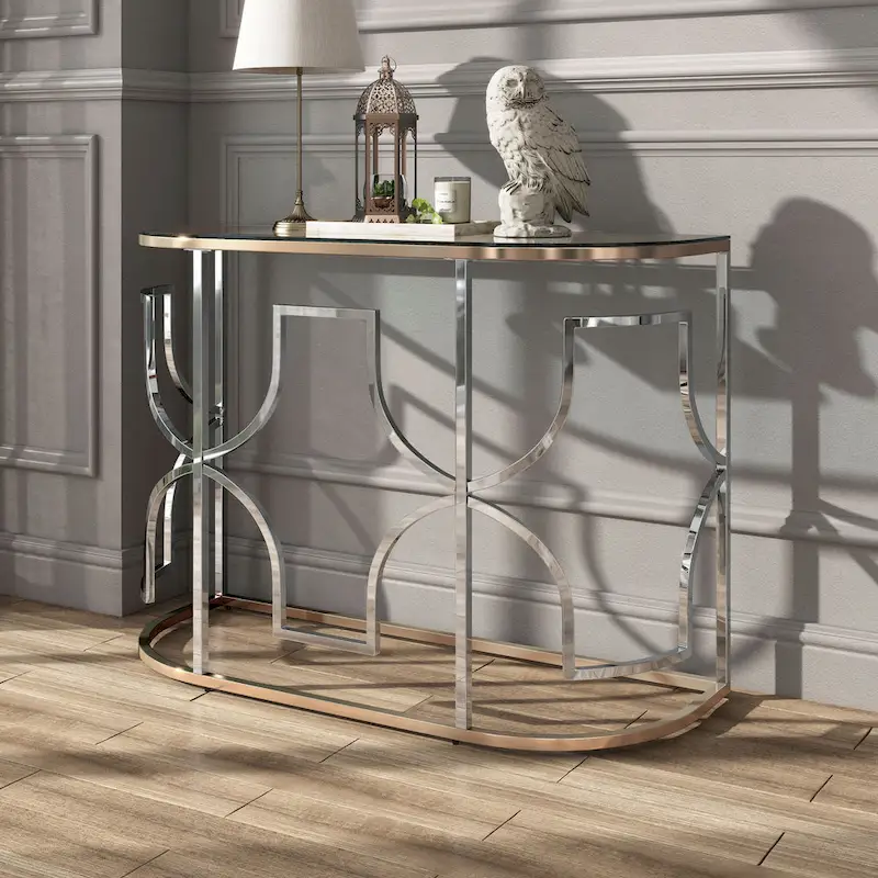 Modern Style Chrome and Gold Open Sofa Table