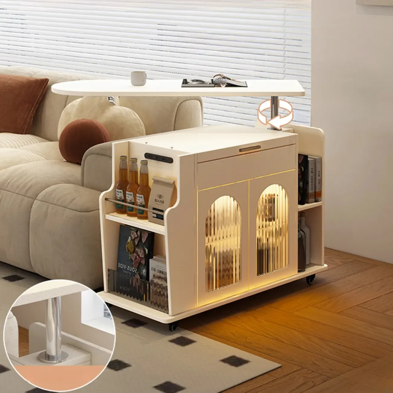 Adjustable White Wood Multi-Functional Side Table with Wheels