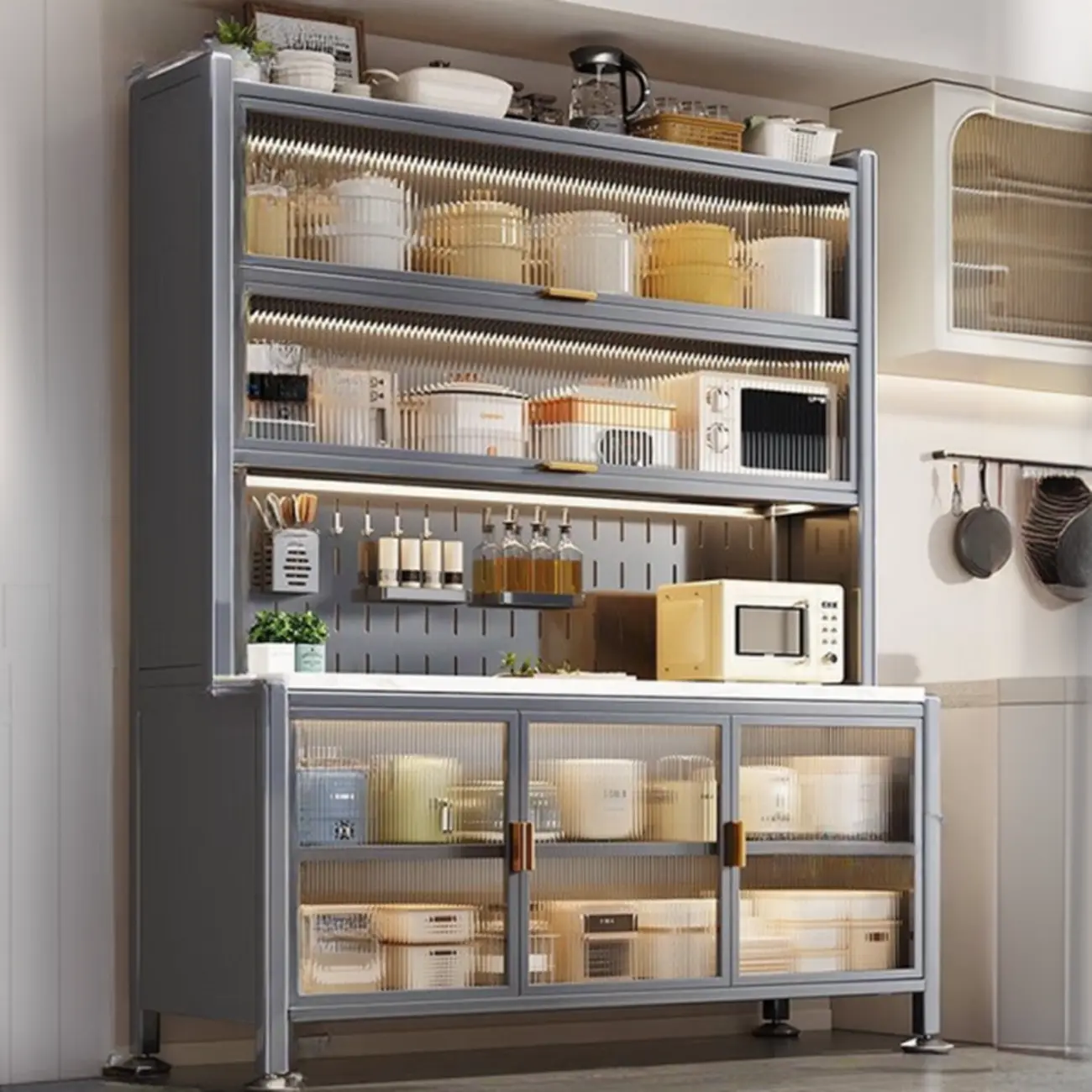 Modern Metal Buffet with Stone Countertop Narrow Design