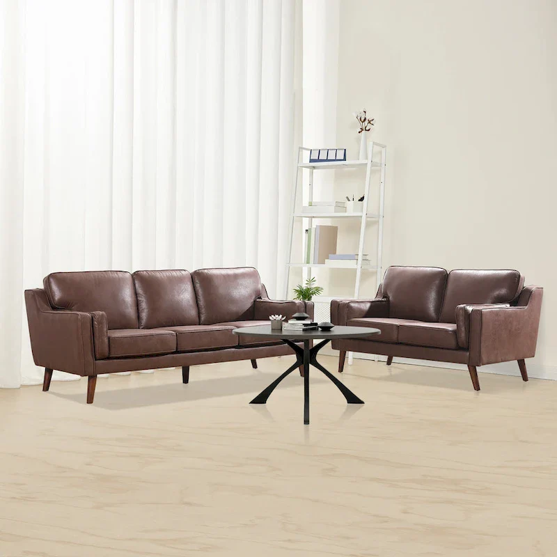 Brown Air Leather Mid-Century Sofa / Loveseat with Track Arms – Modern Style, Seats 2–3