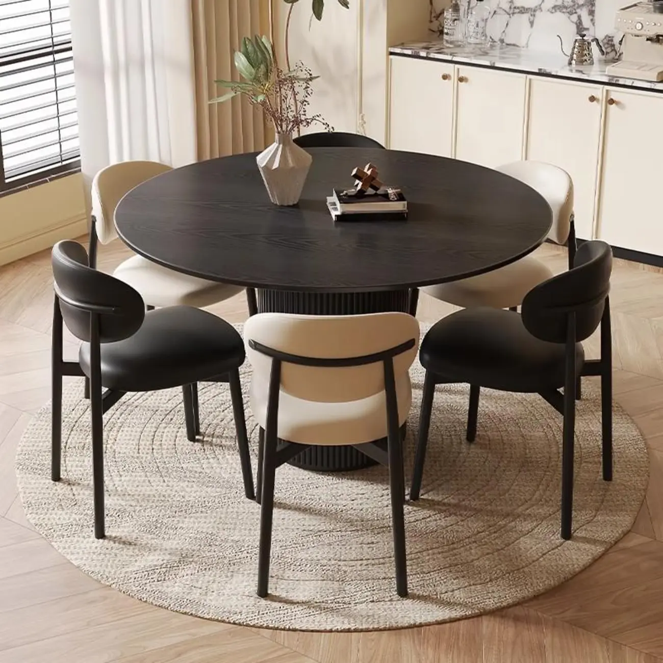 Modern Black Round Wood Cylindrical Base Dining Table