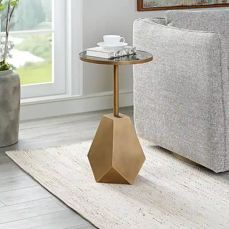 Geometric Antique Bronze Accent Table with Glass Top, Single