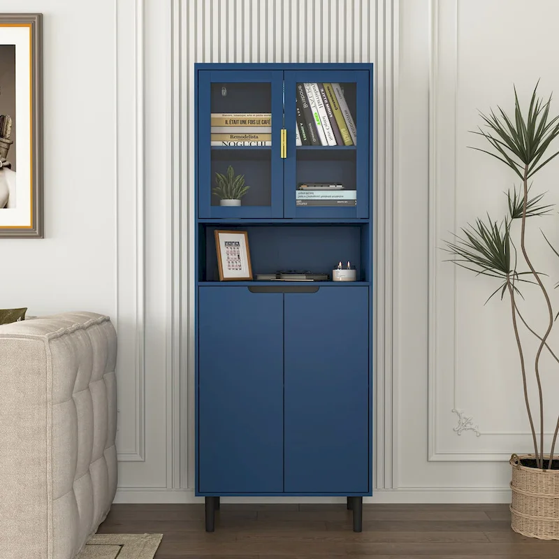 Green / White / Blue Tall Storage Cabinet with Glass Doors - 2-Door