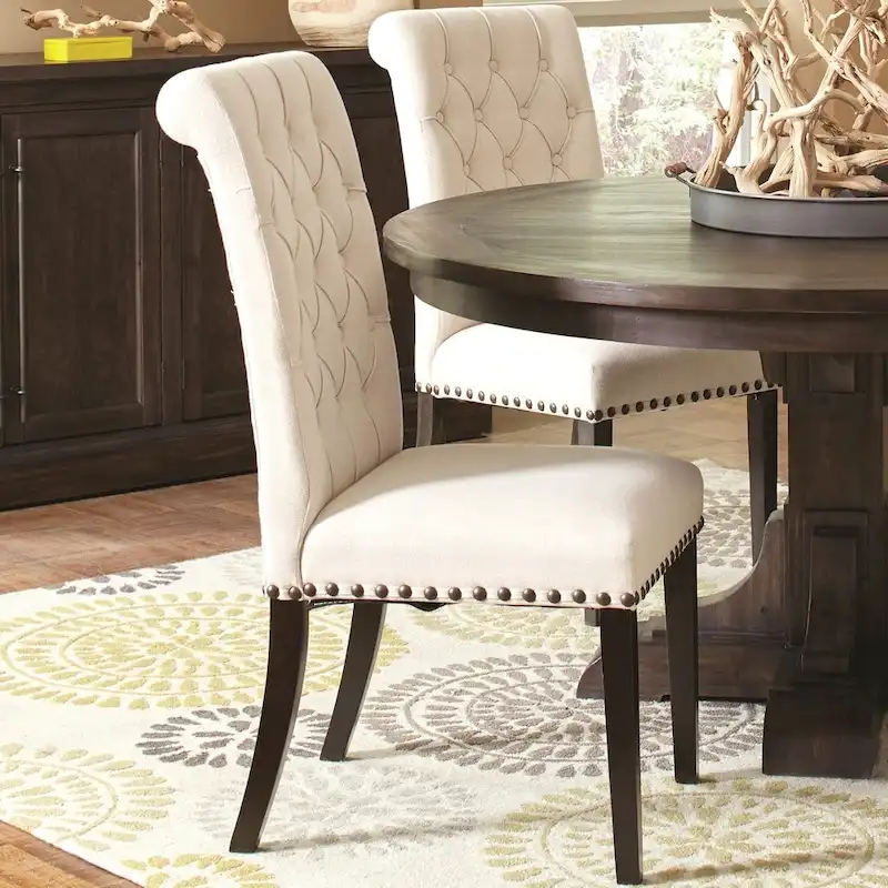 Rolled Back Button Tufted Dining Chairs with Nailhead Trim, Set of 2