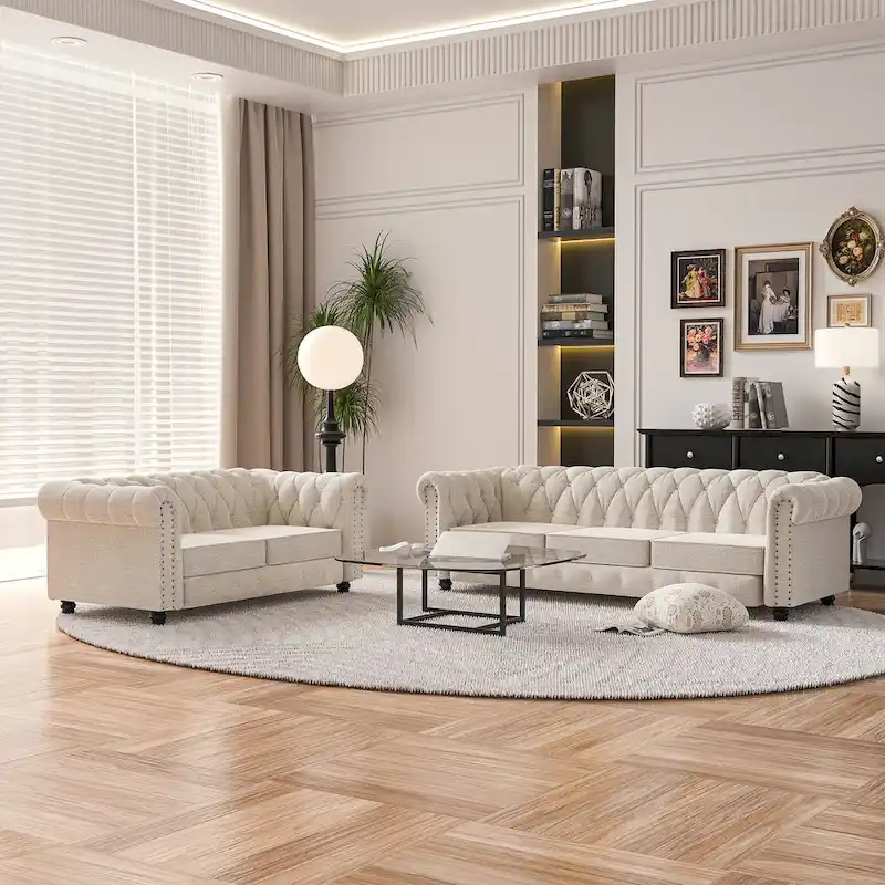 Tufted Chesterfield Loveseat and Sofa Set of 2 - Linen Fabric