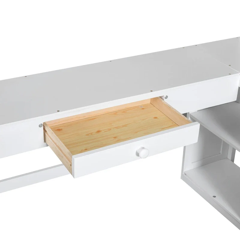 White Twin Size Solid Wood Loft Bed with Desk, Blackboard, and Storage