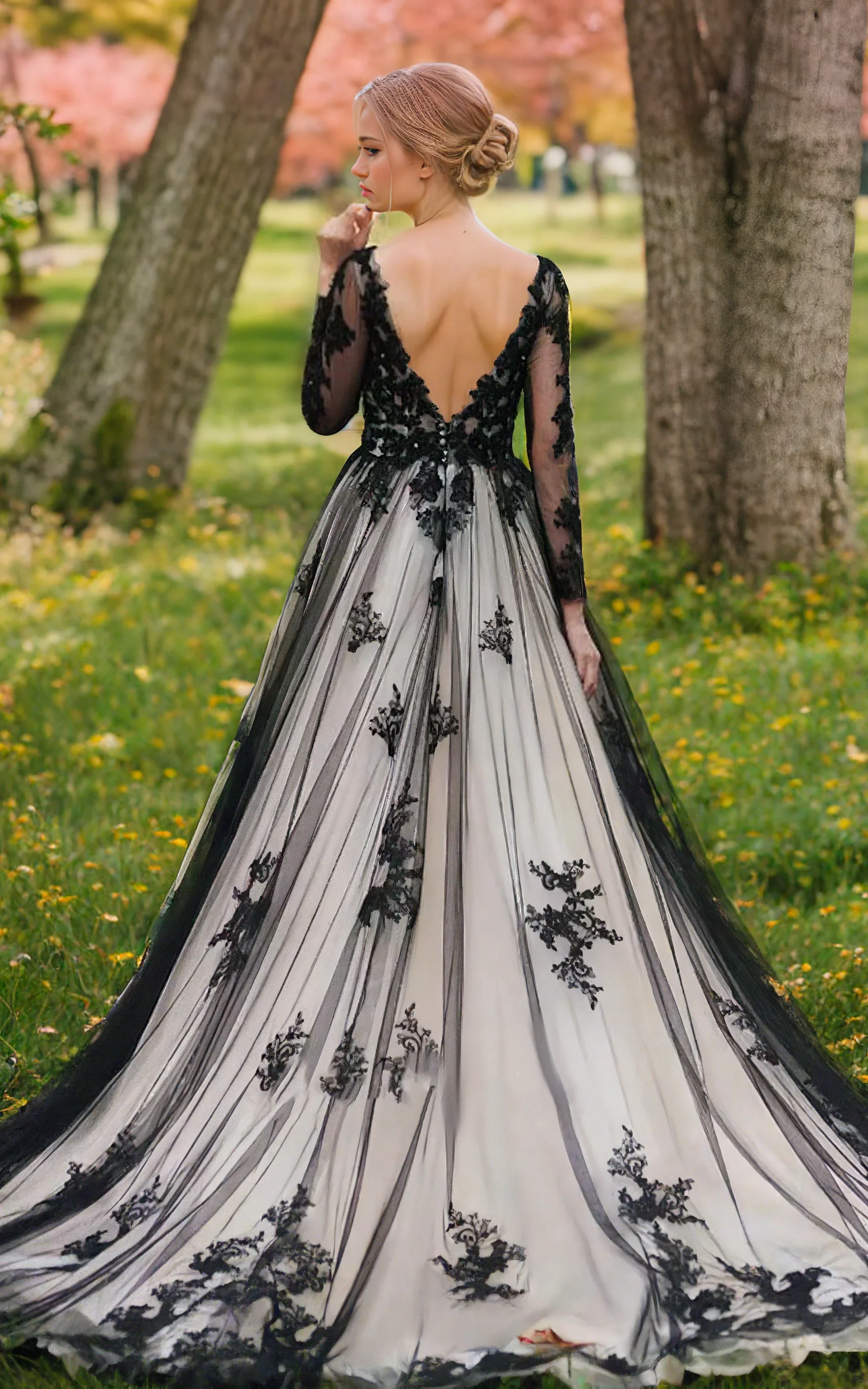 Non-Traditional Gothic Black and White Boho Lace Wedding Dress Flowy Forest Sleeved Backless Bridal Gown with Court Train