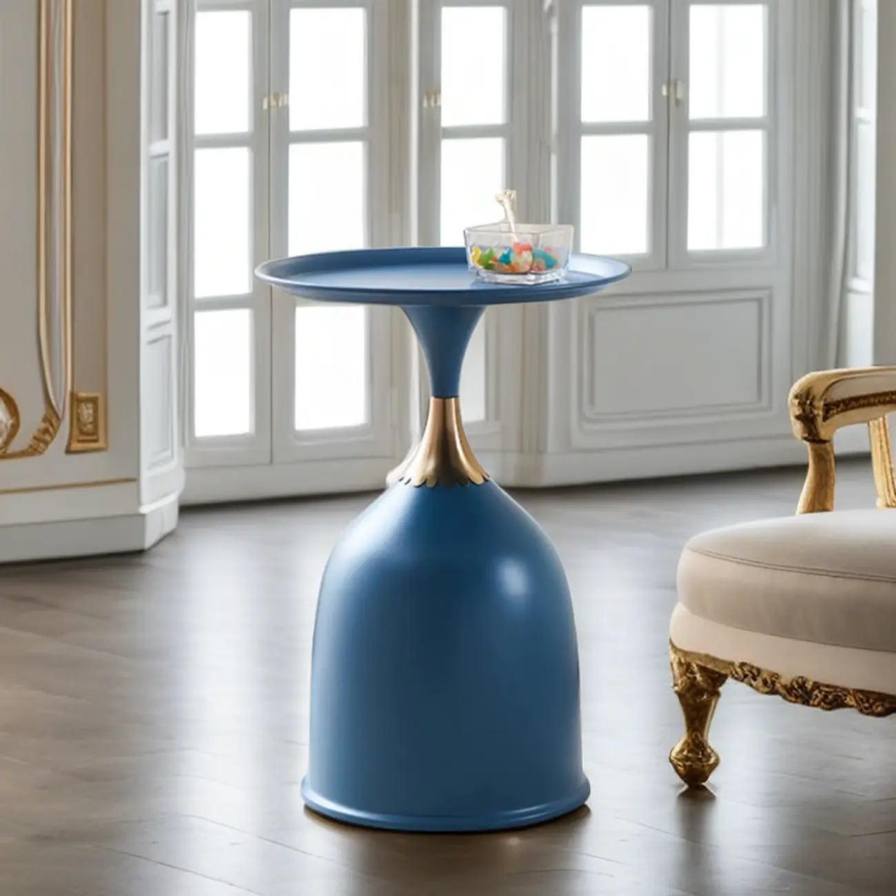 Walnut Steel Round End Table with Abstract Base