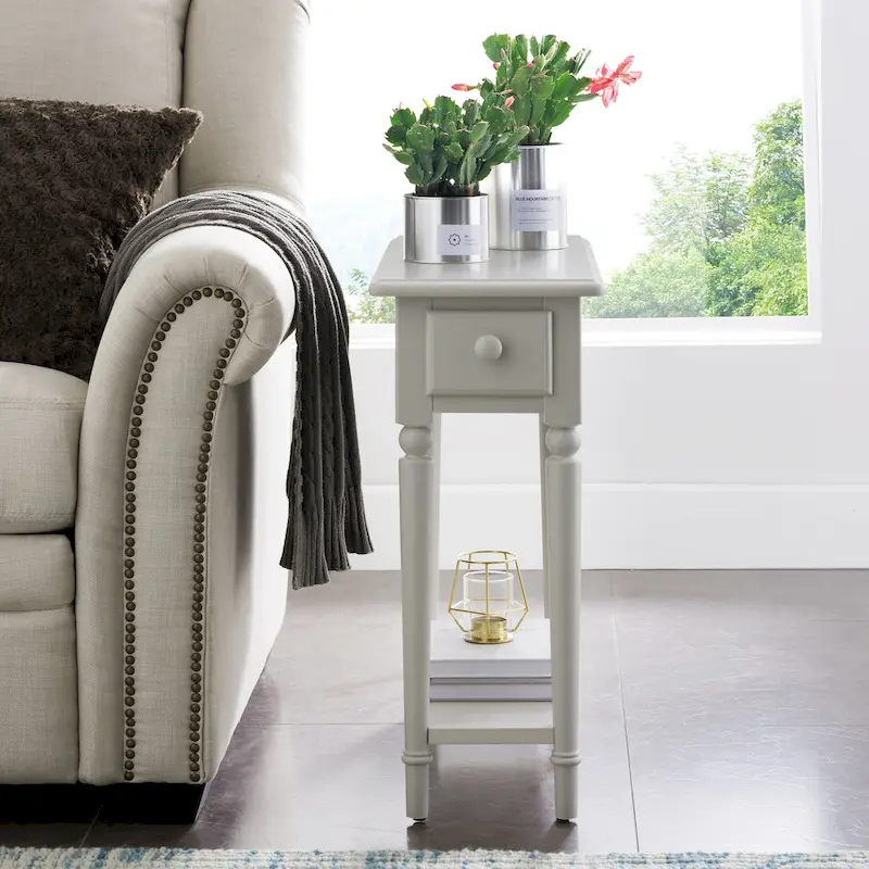 White Wood Narrow Side Table with Drawer and Shelf