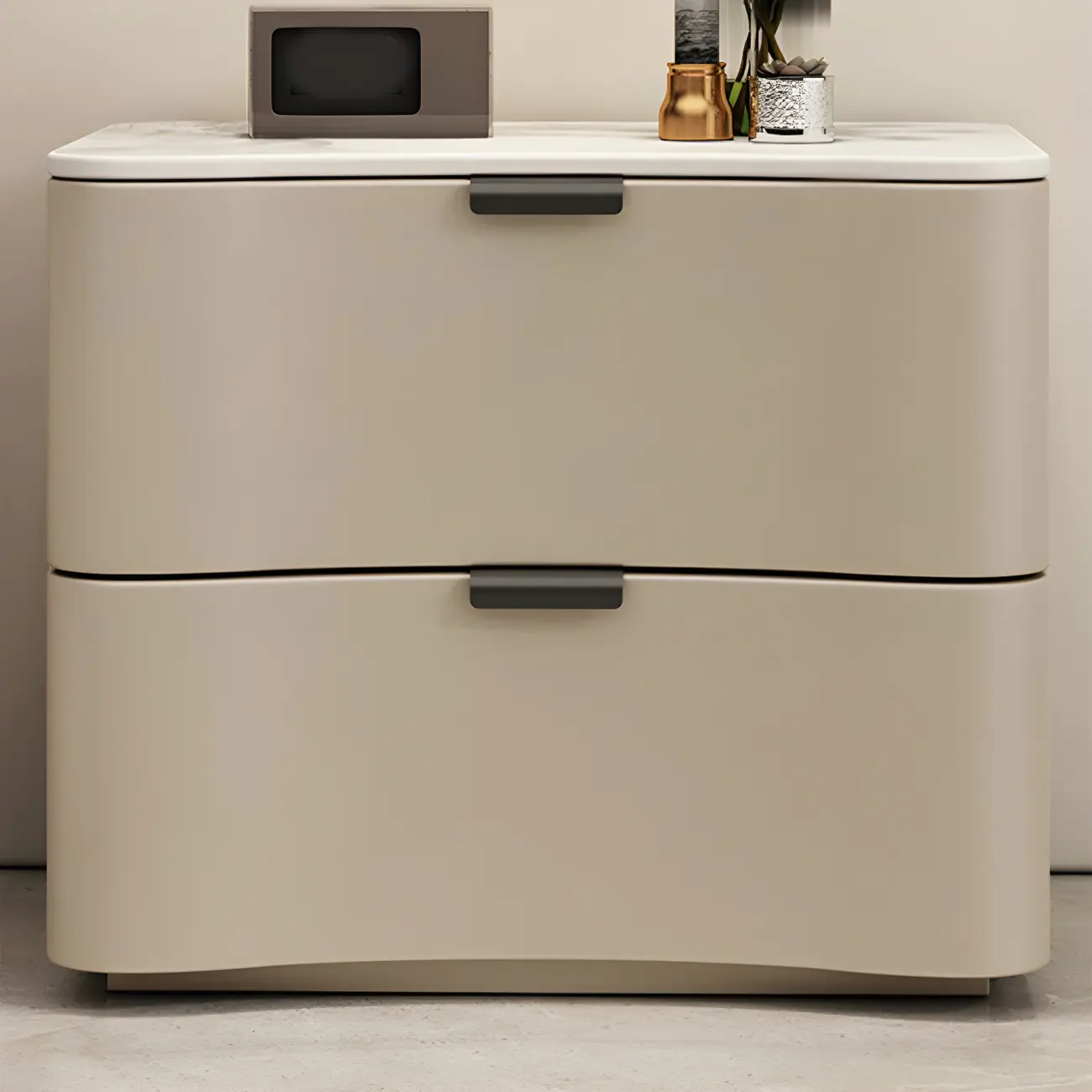 Modern Waved Stone Top Leather 2-Drawer Nightstand