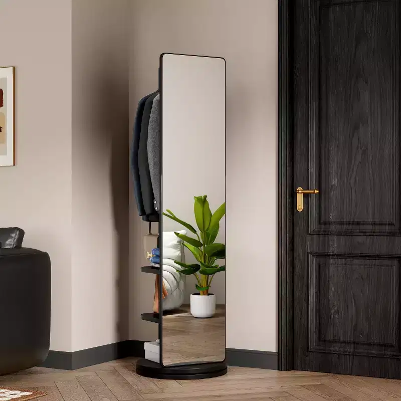 69 Full Length Mirror with Stand, 360 Rotating Solid Wood Freestanding Mirror with Hooks & Coat Rack for Bedroom or Living Room-Panipeachy