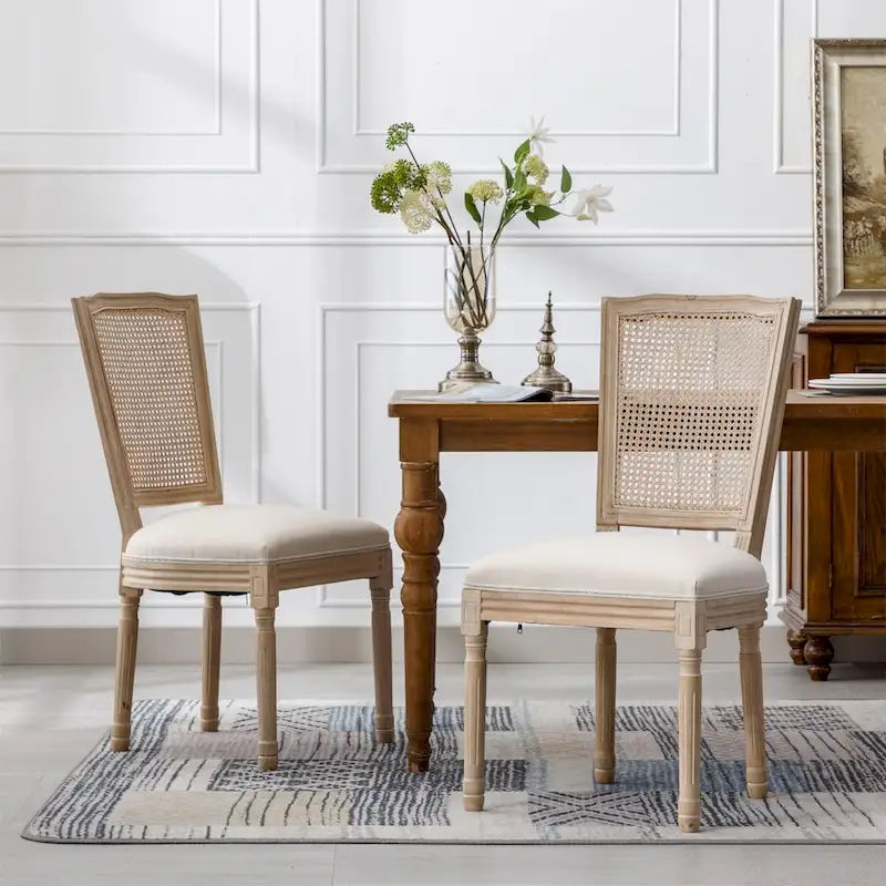 Solid Wood Frame Antique Painting Square Rattan Back Dining Chair Set of 2