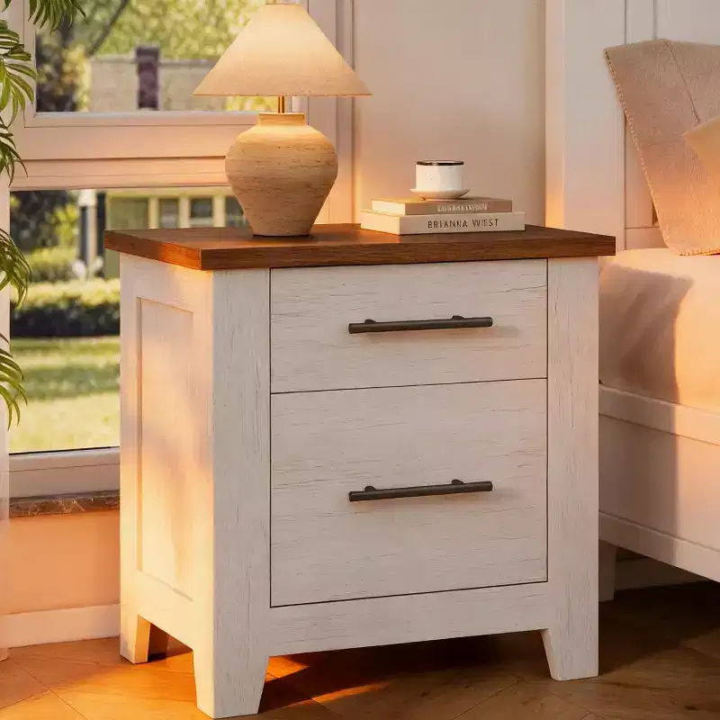 Garvee Nightstand With 2 Drawers, Farmhouse Night Stand With Brown Tabletop, Distressed White , Supports 170 LBS