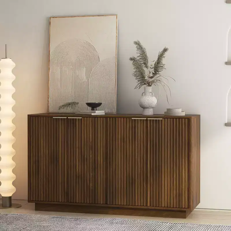 JVNOXK Modern wooden storage sideboard with recessed design, featuring adjustable shelves and four built-in compartments. Natural wood