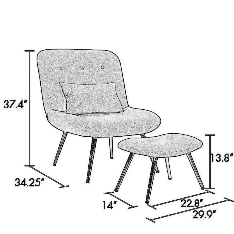 Lea 2pc Modern Lounge Chair and Ottoman Set, Gray Woven Upholstery, Chrome