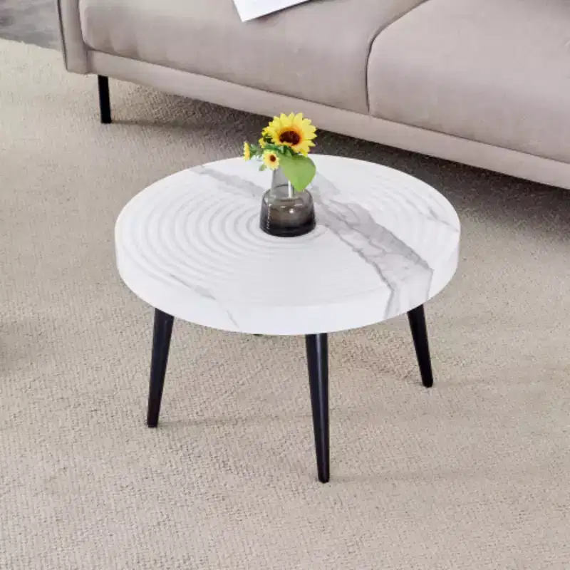 Walnut Finish, Annular Pattern, Black Metal Base, Solid 23.6 Round Coffee Table