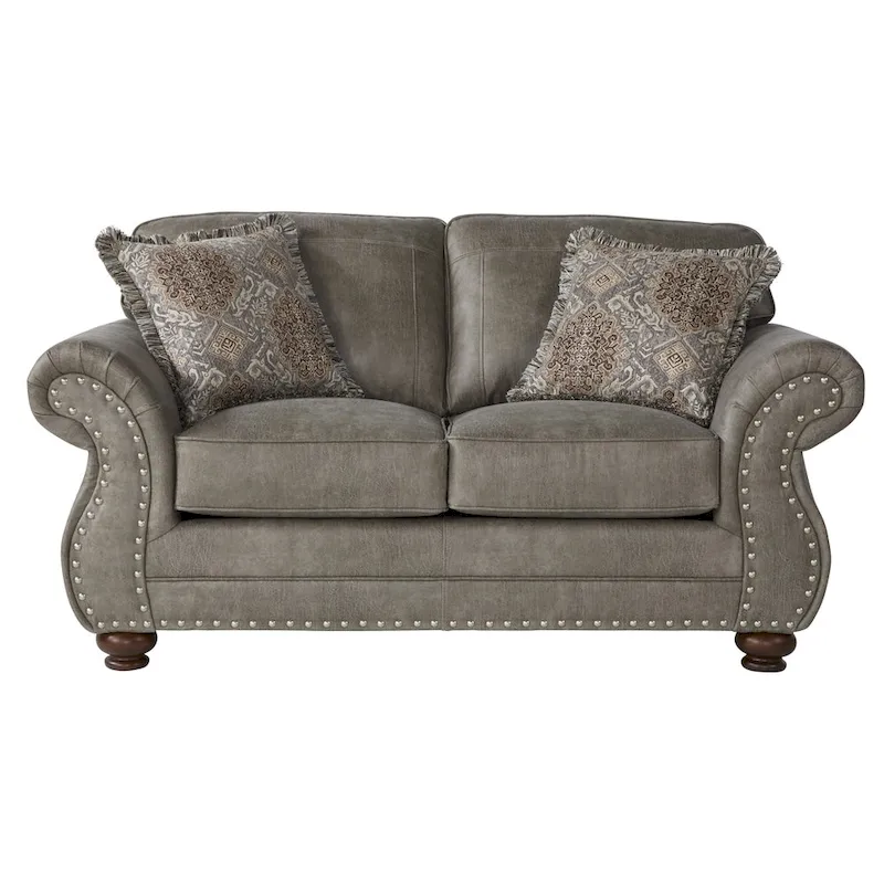 Roundhill Furniture Leinster Faux Leather Upholstered Nailhead Sofa, Loveseat, and Chair Set in Stone Gray