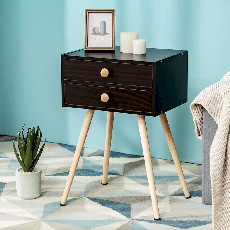 2 PCS Mid Century Modern 2 Drawers Nightstand Sofa Side Table