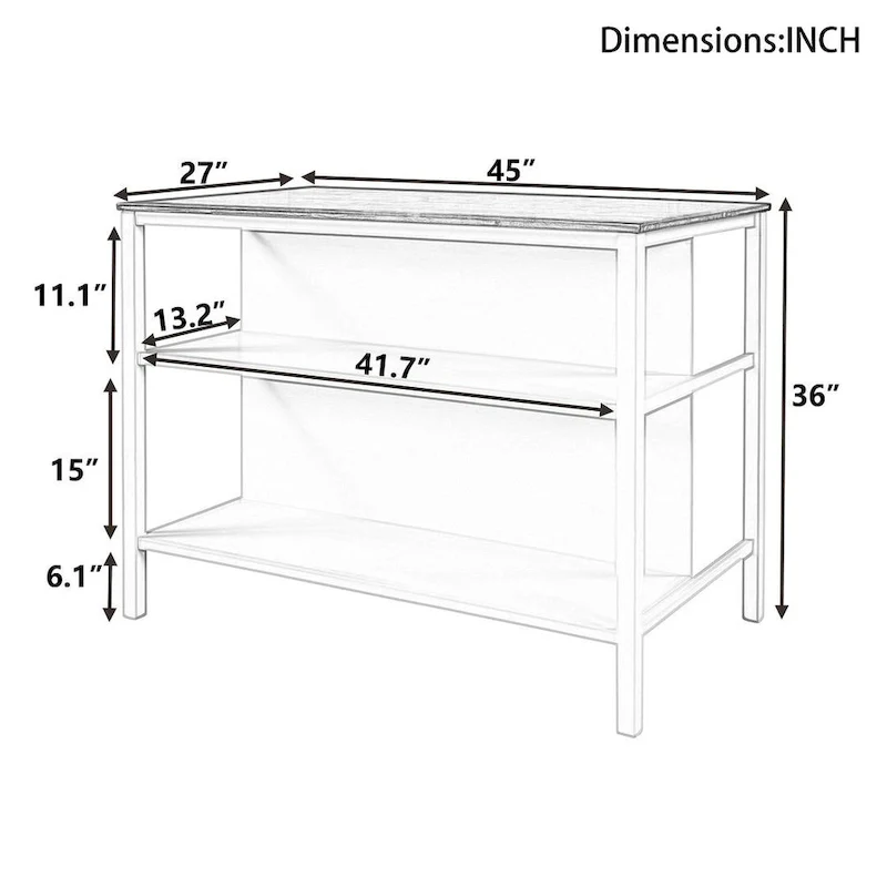 Farmhouse Solid Wood 45 Fixed Kitchen Island with 2 Open Shelves
