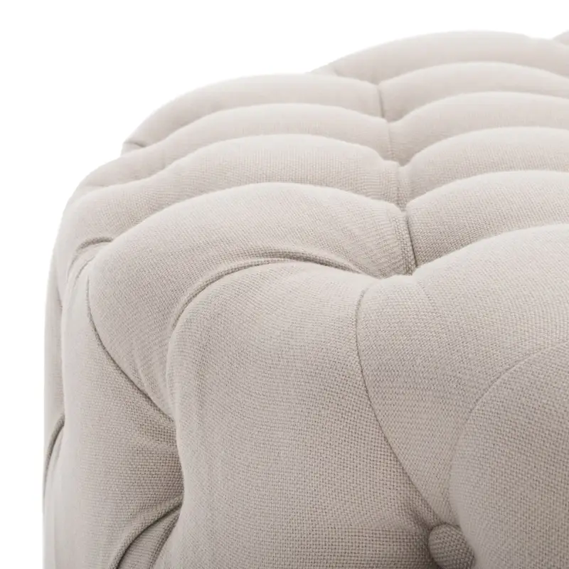 Round Button-Tufted Linen Ottoman – Mushroom / Grey / Antique Gold / Wheat / Bordeaux / Navy / Taupe, Single