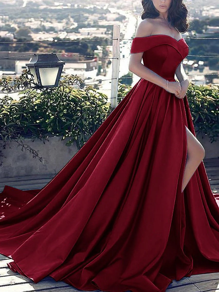 Off Shoulder Prom Dress Long Satin Formal Gowns with Slit