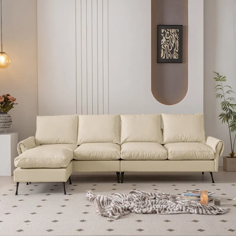 Modern Faux Leather L-Shaped Sofa with Convertible Ottoman