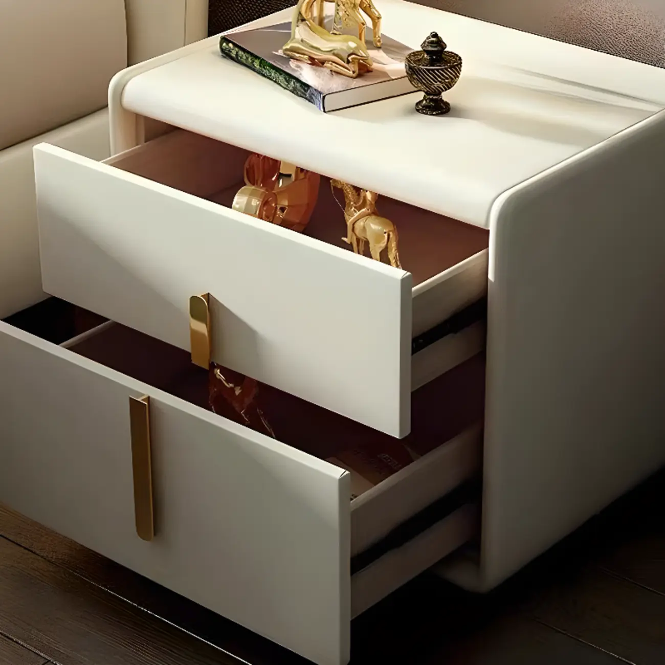 Modern Leather Top Wood 2-Drawer Nightstand