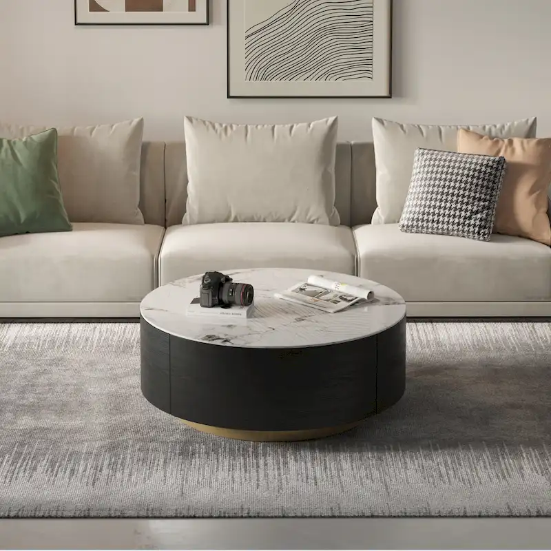 Modern Marble Top Round Coffee Table with Metal Base and 2 Drawers