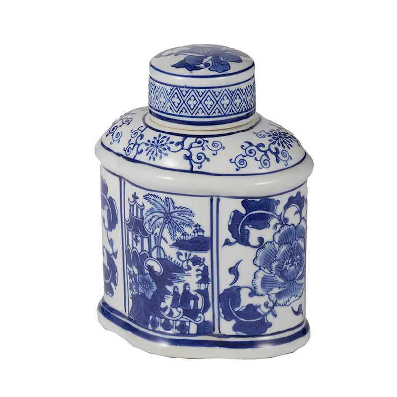 A&B Home Ren Blue and White Oval Jar with Lid