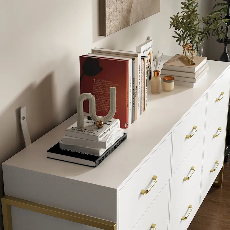 Elegant 9-Drawer Dresser with Gold Accents - Black Stripe Finish Chest