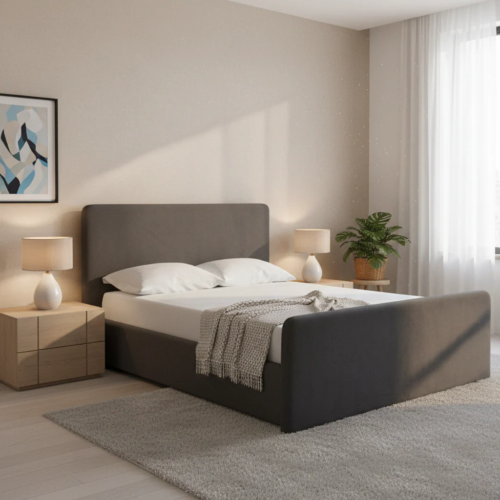 California King Platform Bed, Velvet Upholstery, Rounded Rectangle Design, Solid Wood, Modern Style, Dark Gray, 2 People