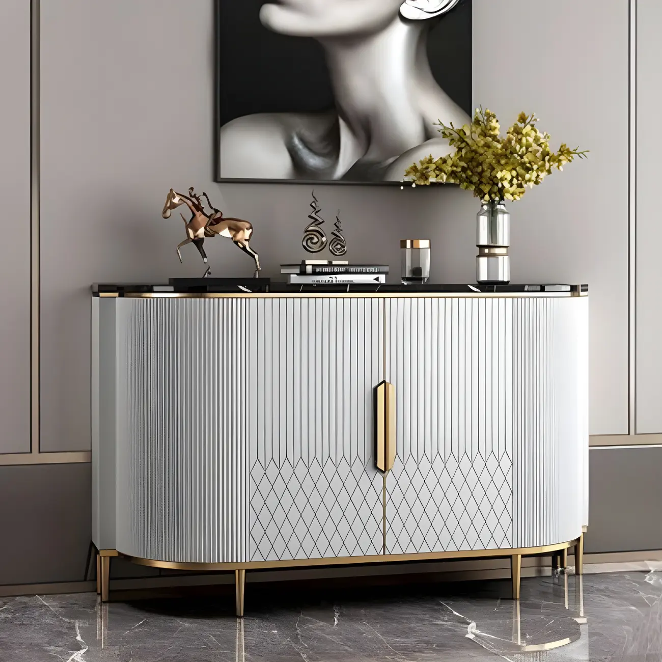 Glam Marble Sideboard in Grey with Storage