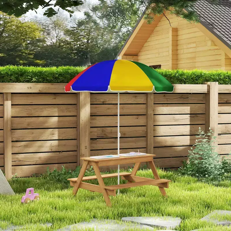 Qaba Kids Picnic Table, Wooden Outdoor Table & Bench Set with Removable Umbrella for Patio, Backyard, Mixed Color