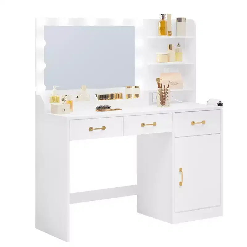Makeup Vanity Desk with Mirror - 3 Drawers, 2 Cubbies, Cabinet, Open Shelves - Wooden Dressing Table for Bedroom or Dressing Room - White
