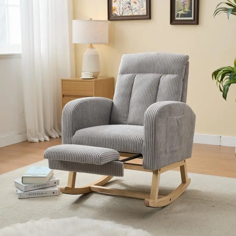Accent Rocking Chair with Solid Wood Legs, Upholstered Nursery Glider Rocker, Comfy Armchair with Side Pocket