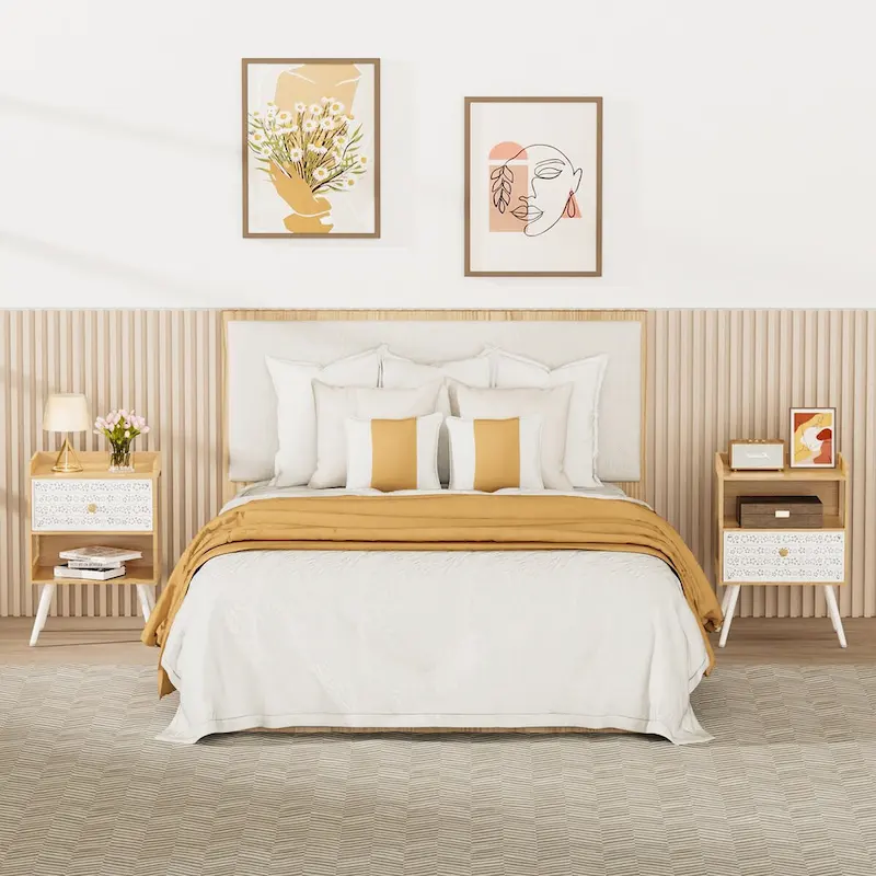 Wooden Bedside Table With Metal Legs Nightstand Set Of 2