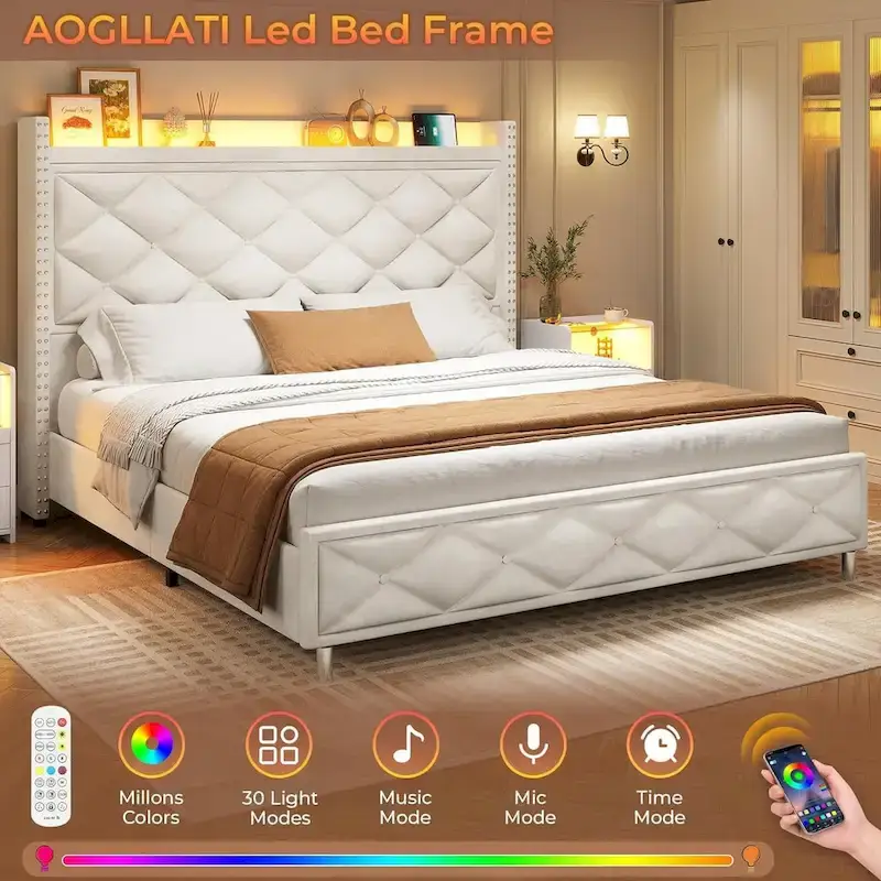 LED Bed Frame with 51.2  Tall Headboard Charging Station