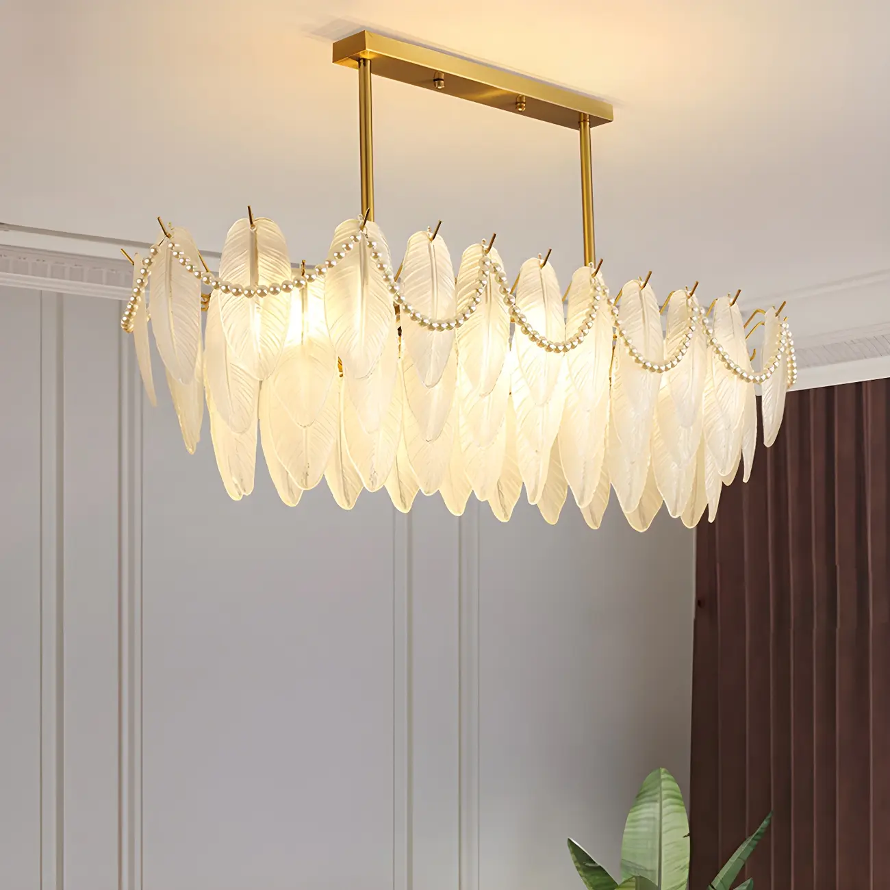 Adjustable Modern Glass Feather Island Chandelier in Gold